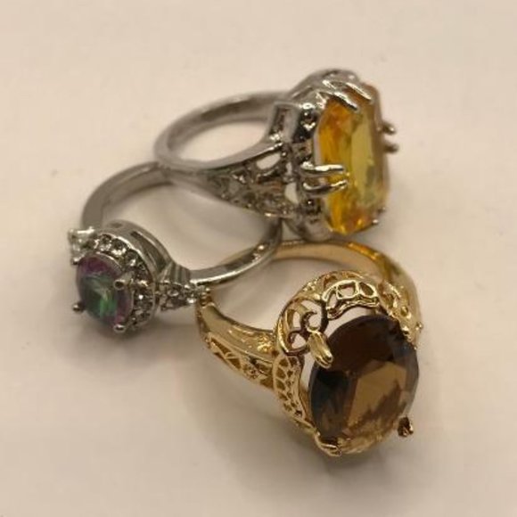 Set of 3 Silver & Gold-Tone with Faceted Gems Rings - Picture 6 of 12